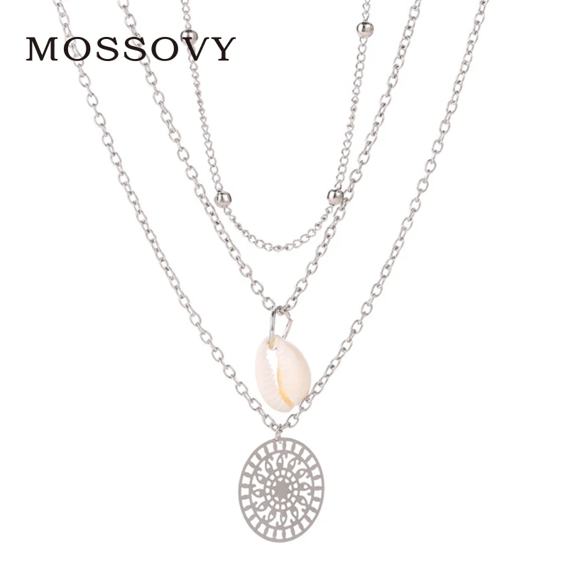 

Mossovy Women's Shell Necklace Stylish Three-layer Simple Silver Neck Chain Clavicle Female Jewelry Accesorios Mujer