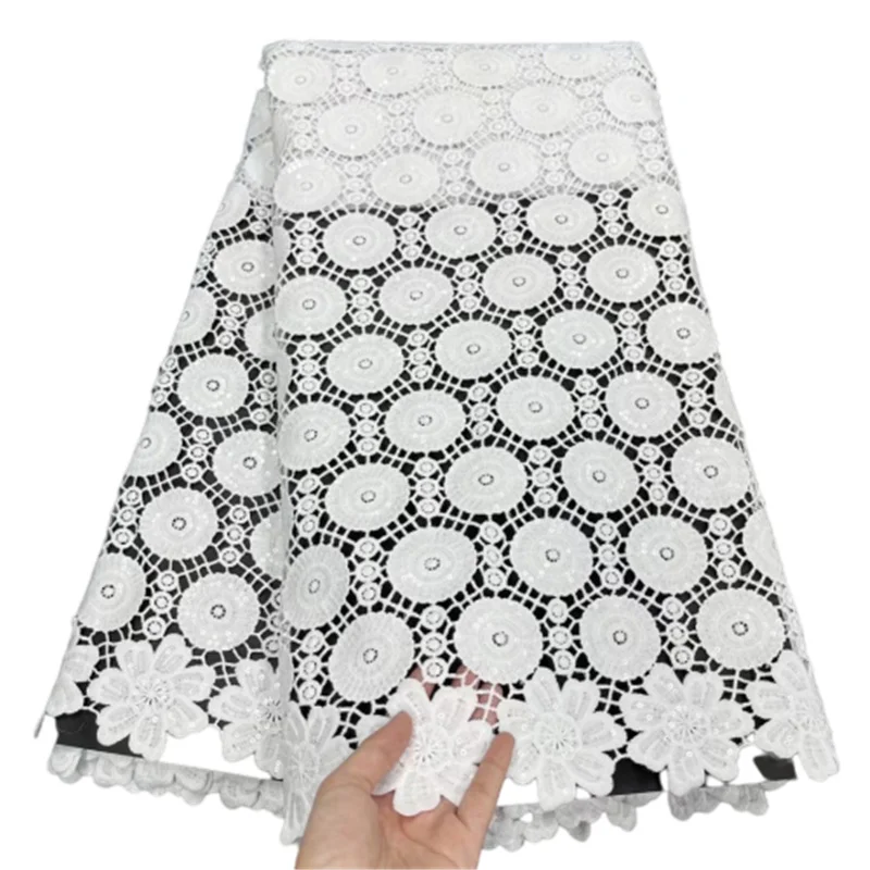 

African White Net Lace Fabric 2021 High Quality Nigerian Sequin Lace Embroidery Guipure Cord Water Soluble Voile Lace For Party