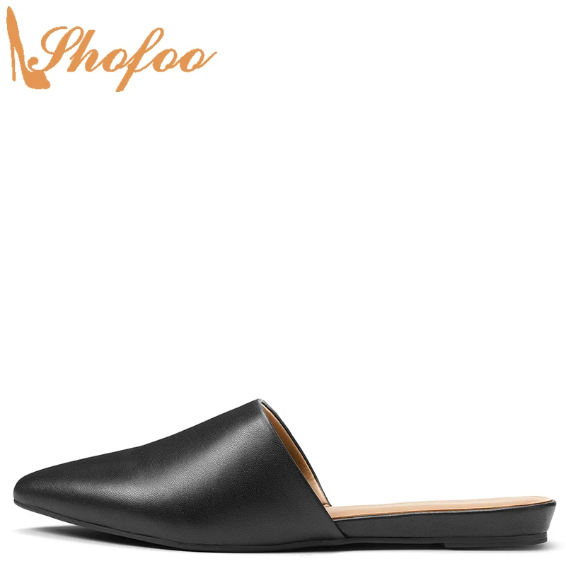 

Black Women Mules Outside Slippers Low Flat Heels Slip On Pointed Toe Large Size 13 16 Ladies Fashion Casual Mature Shoes Shofoo