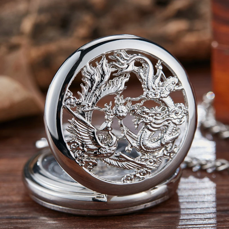 

Retro Mechanical Pocket Watch Dragon Play Ball Steampunk Skeleton Hand-wind Flip Clock Fob Watch With Chain Double Hunter Gift