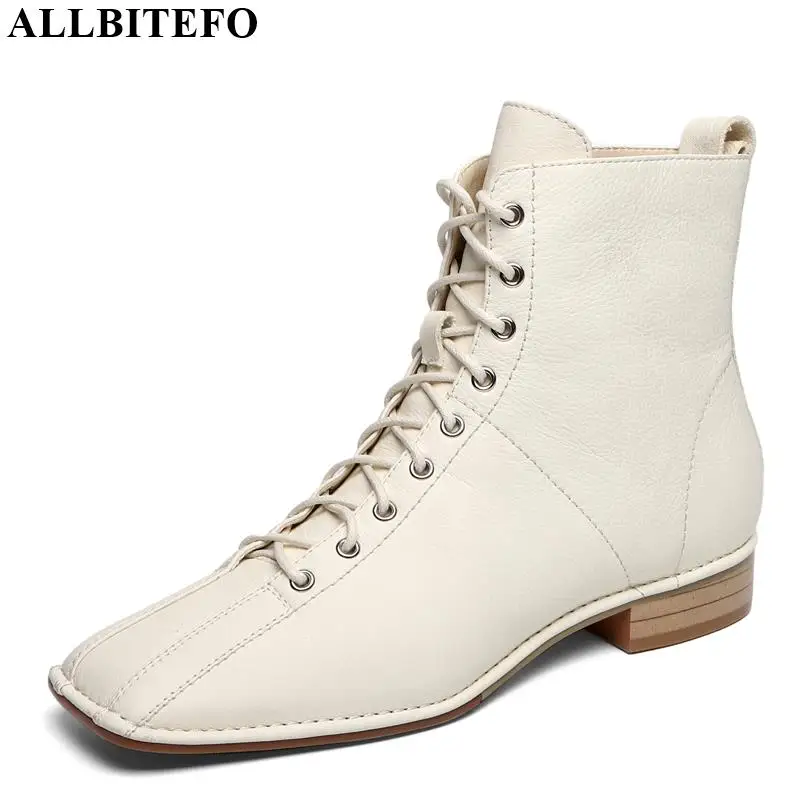

ALLBITEFO square toe genuine leather low-heeled women boots comfortable winter snow ankle boots for women lace-up martin boots