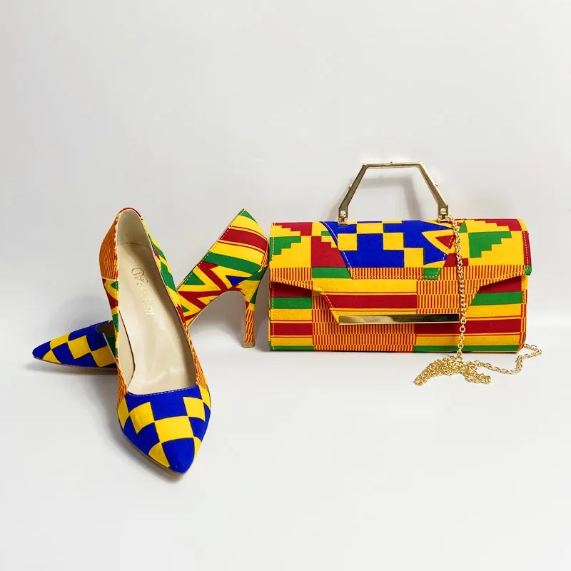 African Kente Wax Fabric Shoes with women bag Pretty cotton bags and soft shoes matching set 36-45 hot selling A910-2