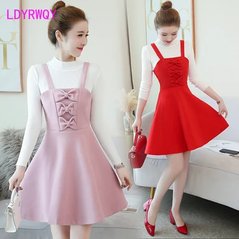 

2019 Women's Long Sleeve Knitted Bottoming Shirt Two Piece Bow Wool High Waist Hanging Dress