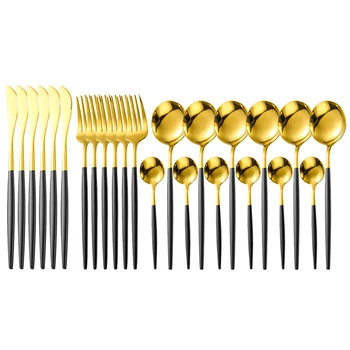 

24Pcs/set 18/10 Stainless Steel Black Gold Dinnerware Set Knife Fork Spoon Cutlery Set Tableware Silverware Set Dropshipping