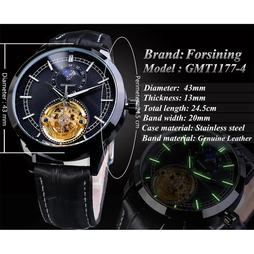 Forsining Stylish Business Mens Watch Top Brand Luxury Golden Automatic Mechanical Moon Phase Waterproof Tourbillon Wristwatches