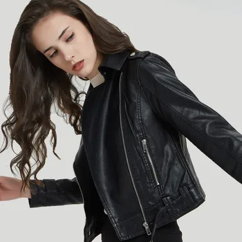 

2019 spring and autumn new women's small leather women's lapel short paragraph Slim pu motorcycle jacket small jacket