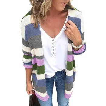 

2019 autumn and winter new European and American style long sweater knit striped cardigan sweater coat