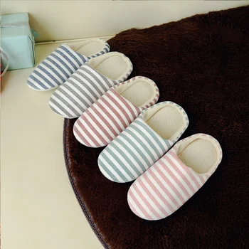 

Autumn Winter Cotton Striped Slippers For Women Plush Home Lovers Floor Soft Flat Slippers Warm Indoor Unisex Shoes