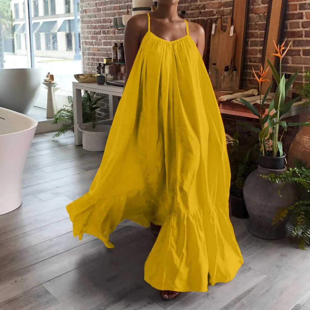 Women Summer Boho Maxi Dress Yellow Spaghetti Strap Beach Loose Dress  Sundress Ladies Party Long Big Swing Dress Vestidos - Dresses - AliExpress