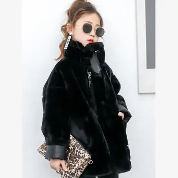 

Winter Children Faux Fur Coats Thicker Warm PU Leather Wear on both sides Jacket For boy girl Black Motorcycle Overcoat Y3466