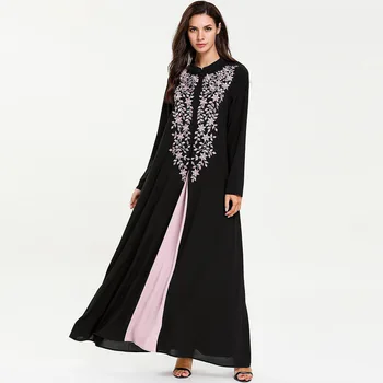 

Middle East Dress Muslim Women Fashion Stand Collar Long Sleeve Embroidered Split National Embroidered Fake Two Long Dubai Robes