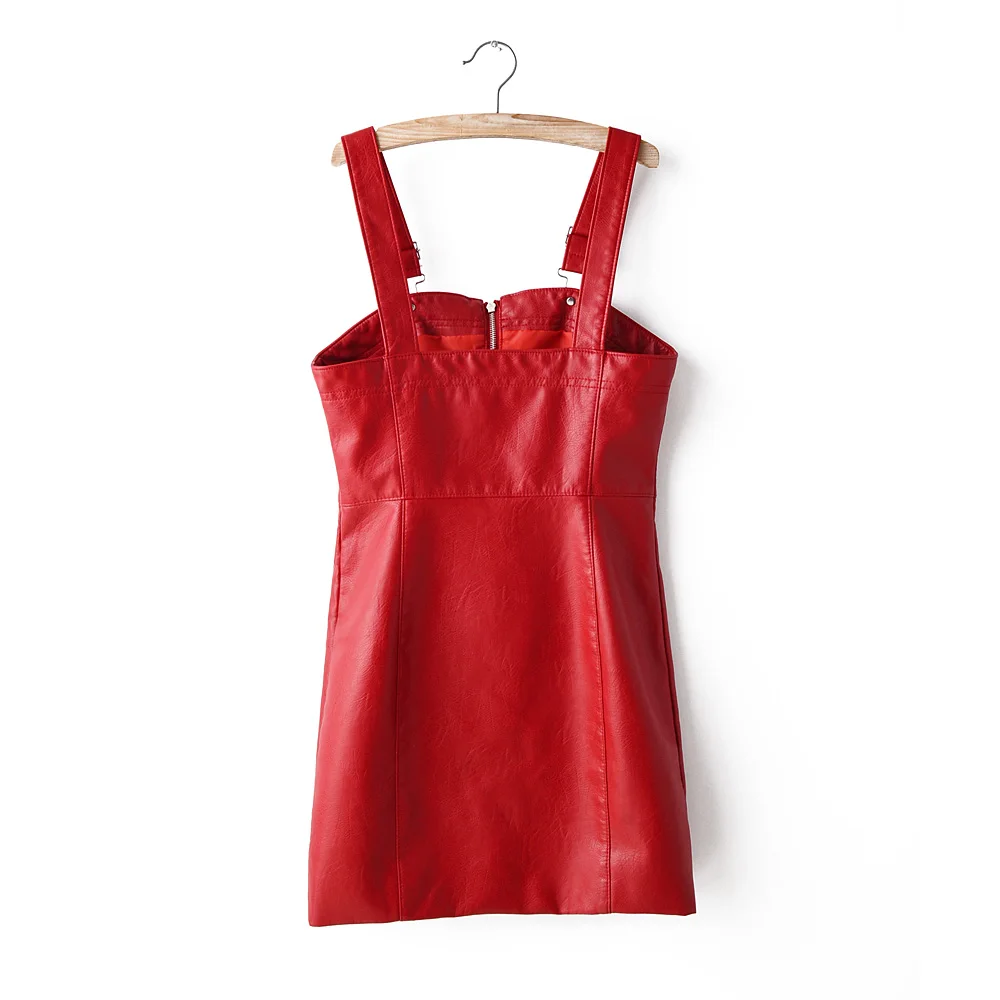 Harajuku ПУ красный двойной карман платье из латекса без рукавов на молнии ремень женские платья Осень Гладкий минималистичный тонкий Простой женское платье