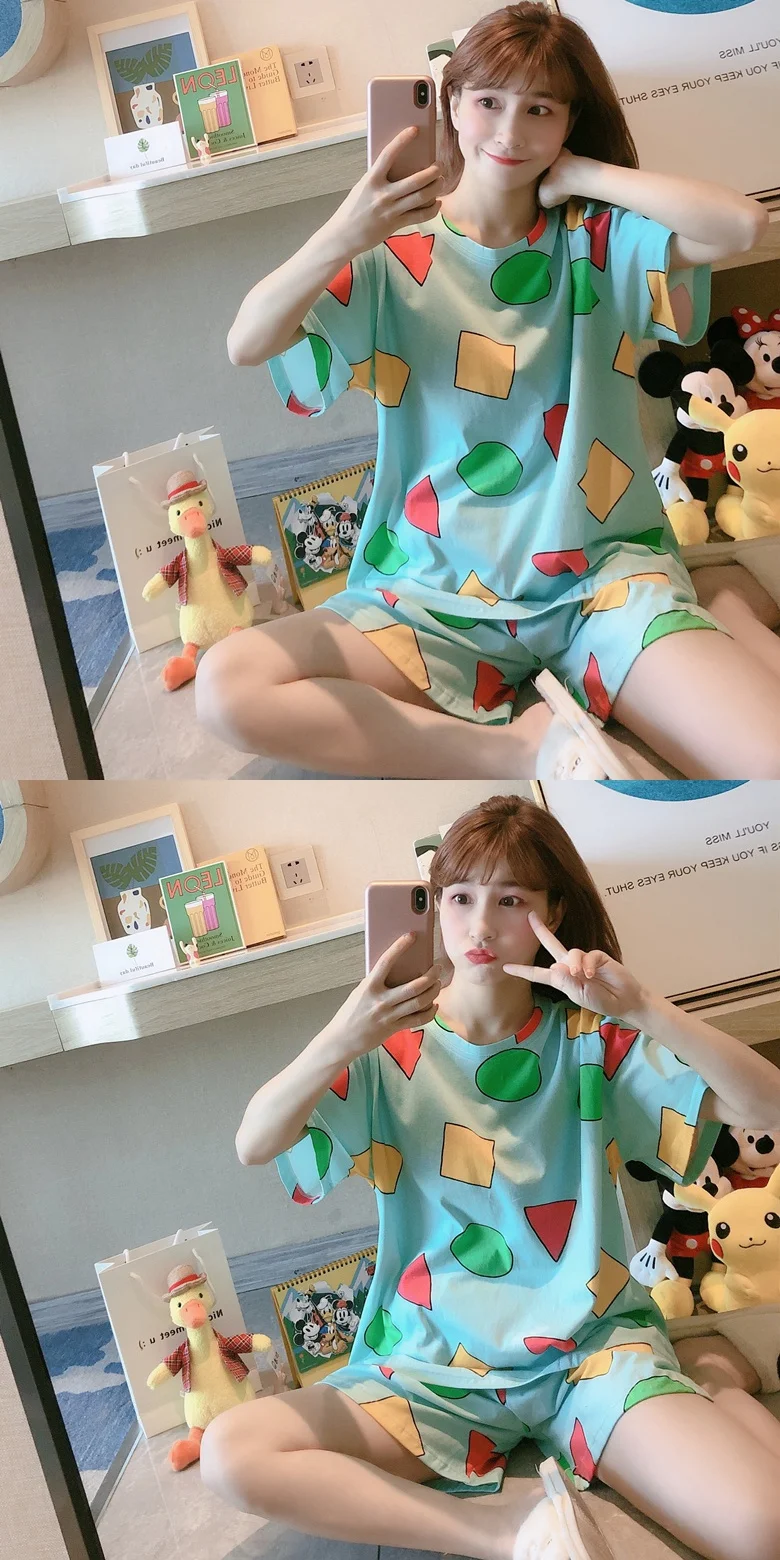 Summer Pajamas Women's Short-Sleeved Crayon Cartoon Anime Styles Cute Geometric Patterns Breathable And Comfortable Bathing Suit cotton pyjamas