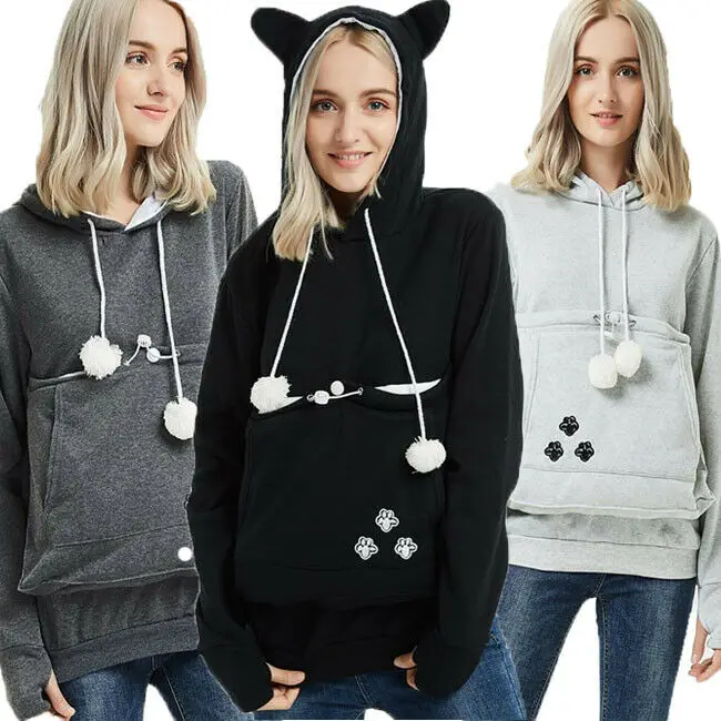 2021 Hirigin Fashion Long Sleeve Casual Hooded Cute Pet Holder Carrier Pregnancy Coat Loose Sweatshirt Big Pocket Top Hoodies