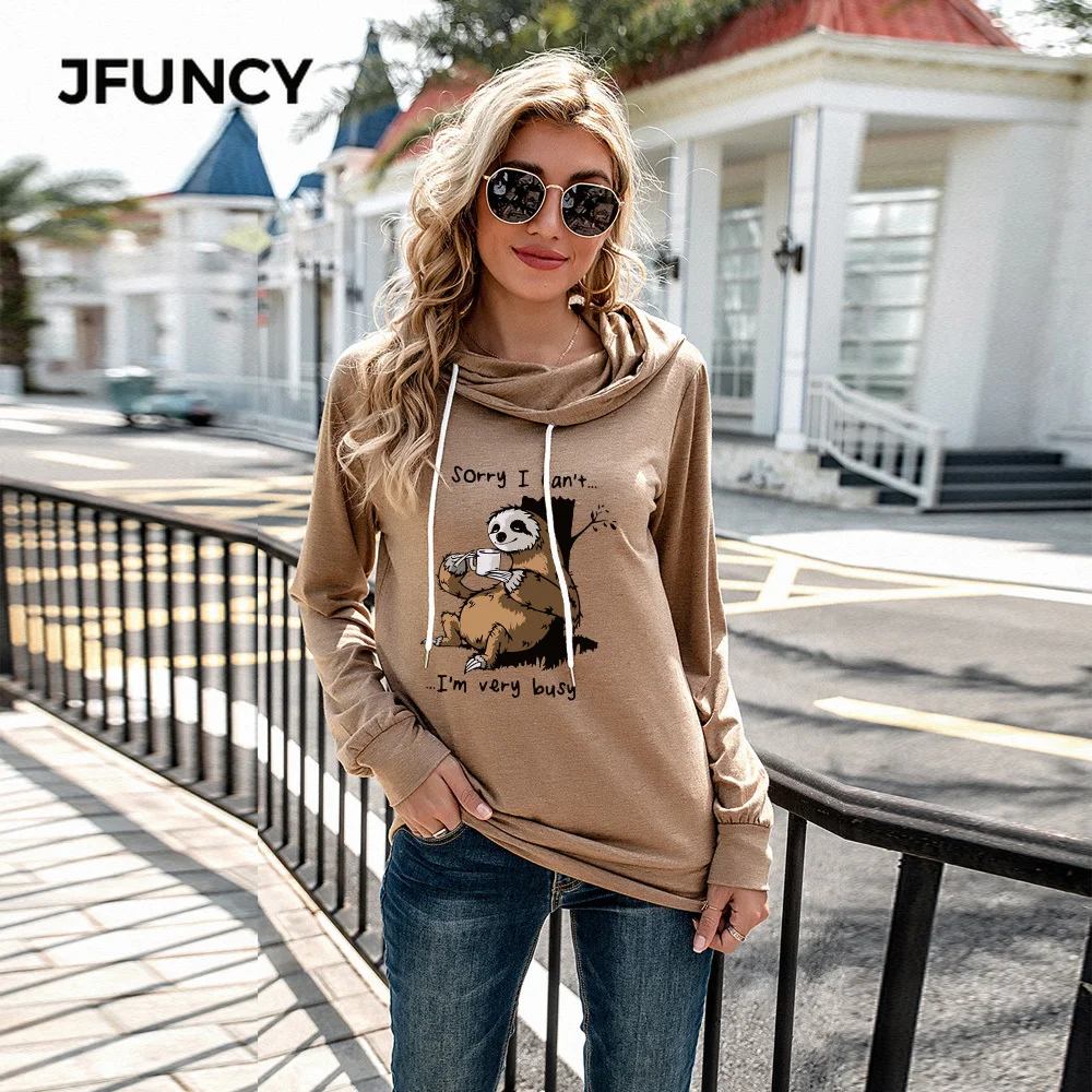 

JFUNCY Plus Size Women Hoodies Funny Busy Sloth Print Hooded Sweatshirt Spring Autumn Female Long Sleeve Pullover