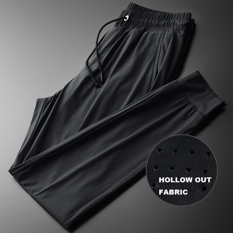 

Mens Luxury Hollow Out Fabric Ventilate Silky Ankle-length Men Plus Size 4xl Elastic Waist Sport Man Pants