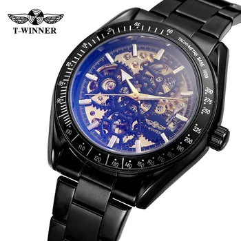 

2020 T-Winner Fashion Design Men Automatic Skeleton Time Watches Black Stainless Steel Watches Skeleton Steampunk Male Clocks