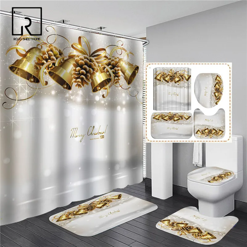 

Christmas Bells Socks Printed Shower Curtian Set with Bathroom Mat Carpet Bathing Baththub Screen Waterproof Festival Decor