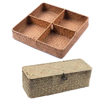 

2 Pcs Storage Baskets Jewelry Storage Case Straw Rattan Makeup Storage Box-33 X 12 X 10 Cm & 28 X 28 X 5Cm