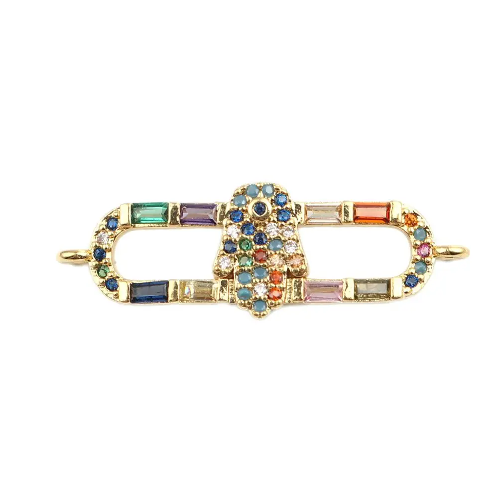 

8Seasons Fashion Copper Connectors Oval Gold Symbol Hand Hollow Multicolor Rhinestone DIY Jewelry Findings 31mm x 10mm, 1 Piece