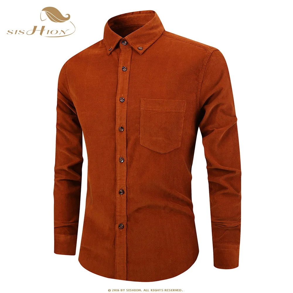 Dark Brown SISHION зимние мужские рубашки модные хлопковые одноцветные плюс кашемировые теплые толстые повседневные тонкие вельветовые рубашки с длинными рукавами QY0664 - Цвет: Dark Brown