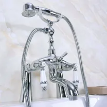 

Silver Polished Chrome Brass Bathroom Bath Clawfoot Tub Mixer Tap Faucet Hand Shower Double Ceramic Handles Deck Mounted mna102