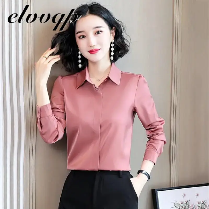 shirts Blouses Women Fashion Casual Tops Female Solid Color Elegant Office Work Long Sleeve Blouse OL Style Shirt Simple Top
