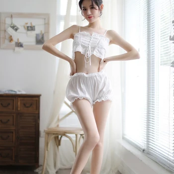 

Women's Cotton Pajamas Sets With Shorts Lacy Trim Sleeveless Strap Nightie Home Clothes For Women Sexy Lingerie Sleepwear