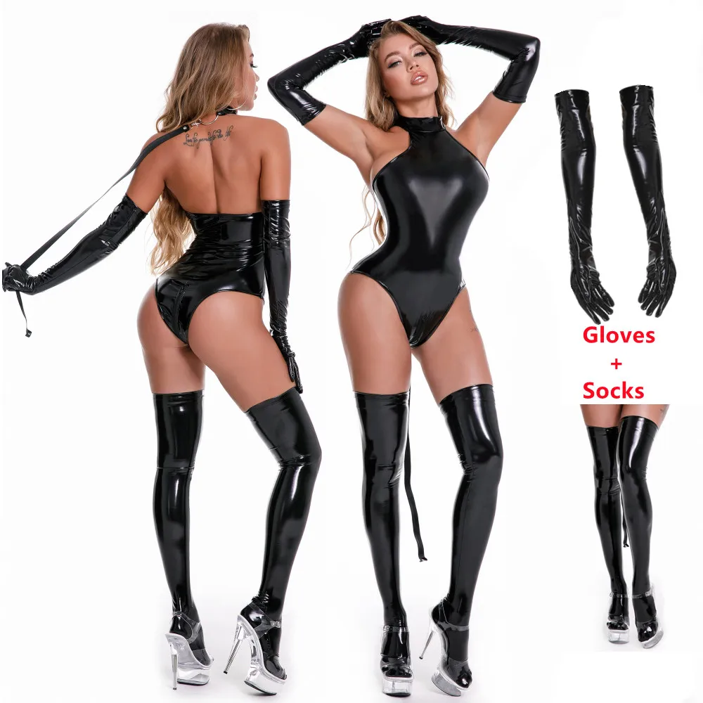 Женское боди на молнии с открытой промежностью из искусственной кожи |