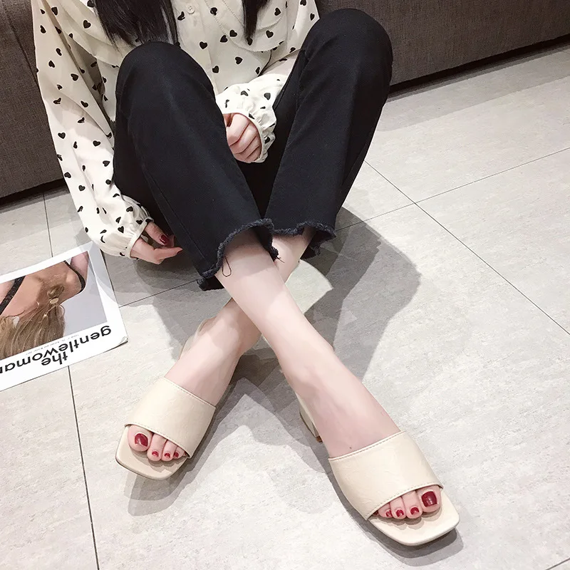

Mu zi yi 1805 Fashion Slippers Low Chunky Heel WOMEN'S Shoes Slipper Casual Open Toe Shoes Women's Low-Cut Correction Code Shoes