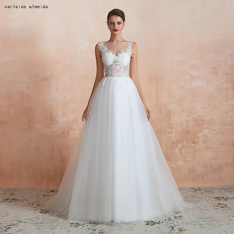 

A-Line Soft Tulle Cheap Wedding Dress See Through Bodice with Lace Appliques Sweep Train Bridal Dress