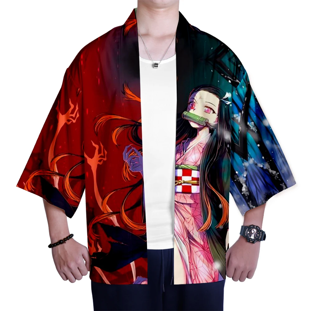 Кимоно, мужская рубашка, Повседневный Кардиган, уличная одежда Harajuku, японская мода, клинок, демон, убийца, мультяшный принт, пальто, куртка, азиатская одежда