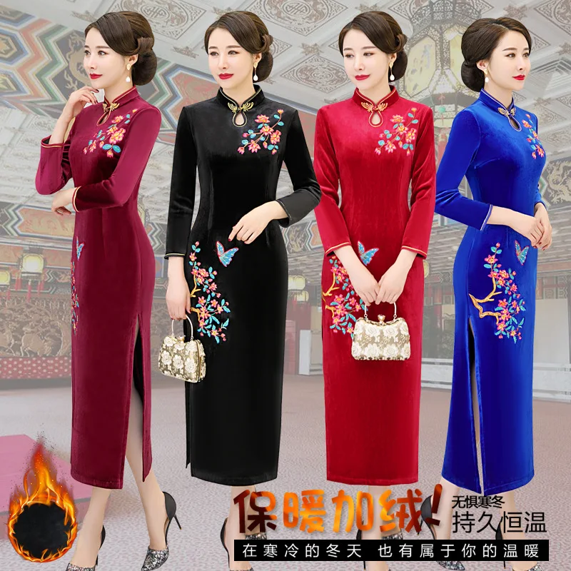 

New Style Large Size Velvet Embroidery Long Retro Cheongsam plus Velvet Improved Cheongsam Formal Dress High Slit Banquet Cheong