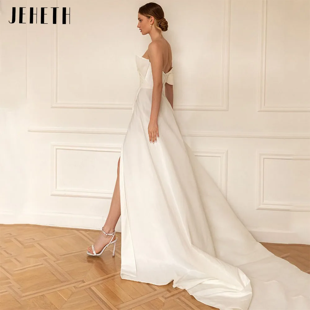 JEHETH High Split Wedding Dresses Women One Shoulder Sexy Backless Bride Gown Satin Simple Charming Vestido De Novia Sweep Train