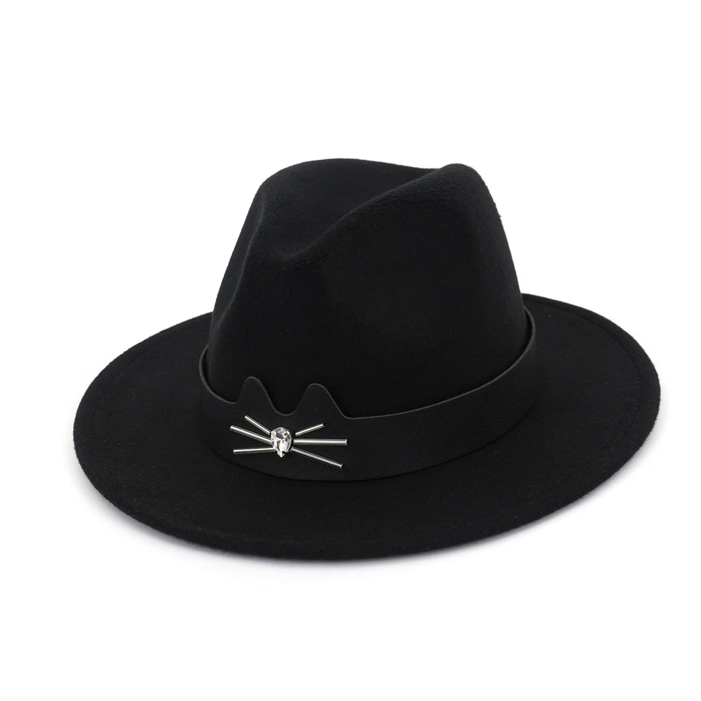 Унисекс для мужчин и женщин шерстяная шляпа Fedora с кожаным поясом поп шляпа Панама джазовая, шляпа - Цвет: Black