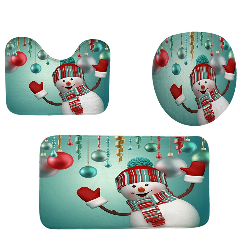 3pcs Mat Set LANGRIA Рождество 4 шт. ванная комната занавеска для душа Водонепроницаемый снеговик для ванной занавески набор туалет крышка коврик нескользящий ванная комната коврик набор - Цвет: 3pcs Mat Set