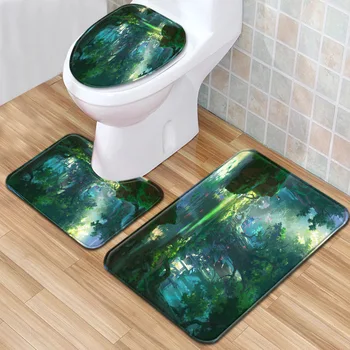 

Landscape Bathroom Mat Toilet Three-Piece Set Anti Slip Liner Foam Durable Cover Shower Carpets Bathroom Mat Set
