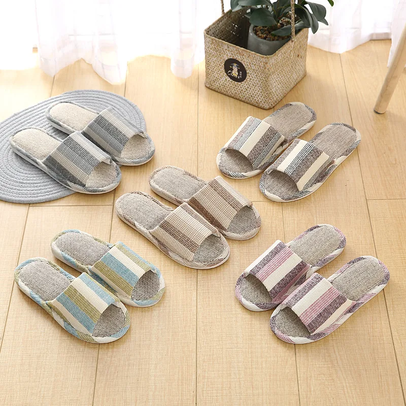 

Spring And Summer Men And Women Couples Korean Style Stripes Indoor Linen Slippers Cotton Linen Home Floor Slipper Thick Bottome