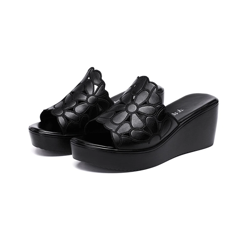 

Big Size 32-43 Platform Wedge Slippers 2020 Summer CutOut Split Leather Shoes Women's Slippers Black Middle Heels For Ladies