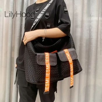 

Summer Over Large Weekend Handbag with Ribbons Women Hollow Out Fabric Travel Gym Daily Messenger Bag Female Casual Big Size Bag