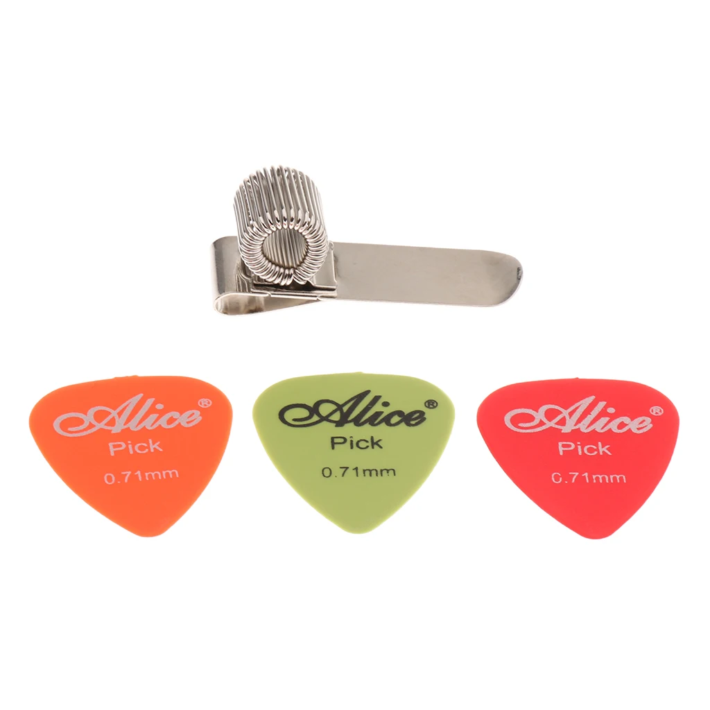 Portable 1 Set Guitars Picks + Aluminium Spring Pick Holder Clip to Strap