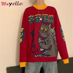 Харадзюку Мультяшные жаккардовые свитера женские японские Лоскутные пуловеры свитера осенние свободные винтажные Рождественские