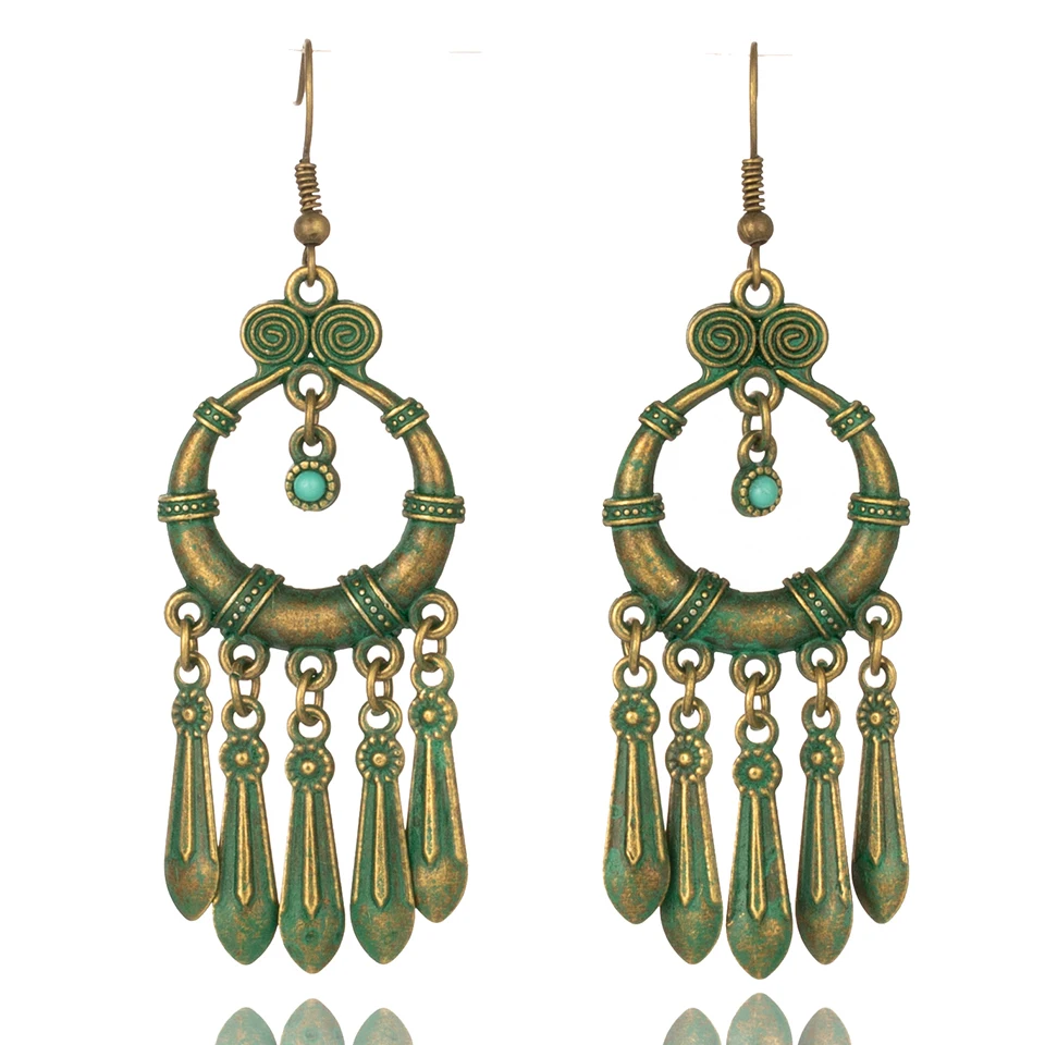 Boho винтажные антикварные зеленые длинные висячие Висячие серьги для женщин Подвески Ювелирные аксессуары серебряные серьги орнамент - Окраска металла: Green