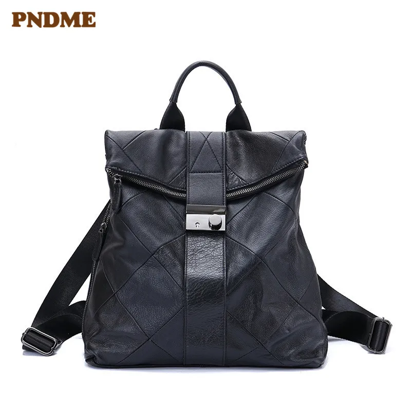 

PNDME fashion vintage designer stitching genuine leather ladies backpack casual soft cowhide anti-theft black bagpack for women
