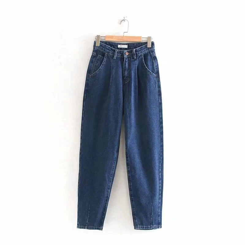 Увядшие зимние английские винтажные однотонные джинсы для женщин с высокой талией свободные джинсы плиссированные джинсы для женщин в стиле бойфренд - Цвет: dark blue