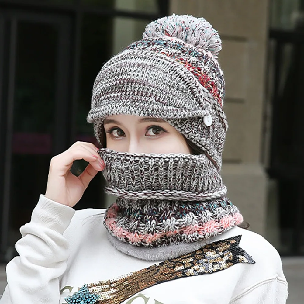 Beanie Hat Scarf Face Mask Set Thick Patchwork Detachable Knitted Cap Neck Warmer Headwear New
