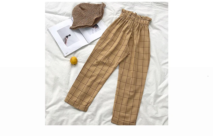 Gentillove Harajuku High Waist Plaid Lace Up Pants Ankle Length Casual Loose Harem Pants Women Fashion Office Lady Trousers