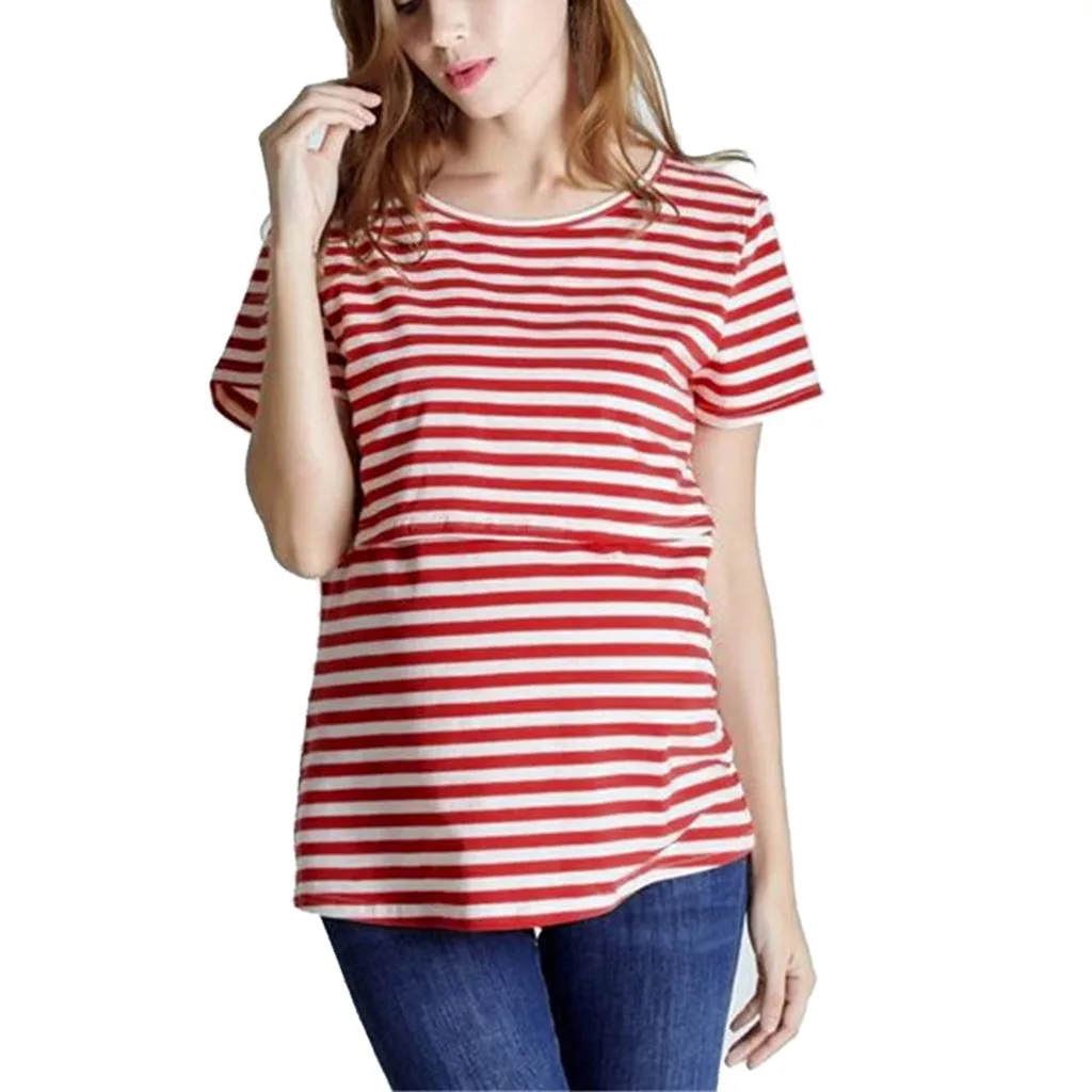 

Pregnant Feed Shirts Women Maternity Short Sleeve Striped Print Nursing Shirt For Breastfeeding Zwangerschaps Kleding Shirt @35