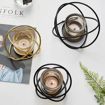 

Nordic Geometric Iron Art Props Romantic Light Candle Holder Modern Western Restaurant Retro Glass Candle Holder Home Decoration
