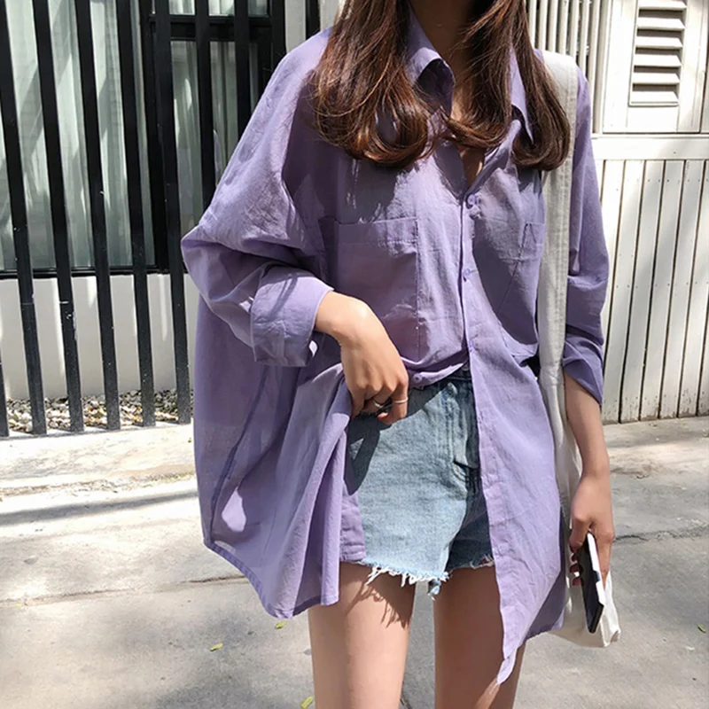 

Women Blouses Shirts Wild Vintage Blouses Sunscreen Solid Color Casual Shirts Loose Cotton Shirt Long Sleeve Lapel Blouse